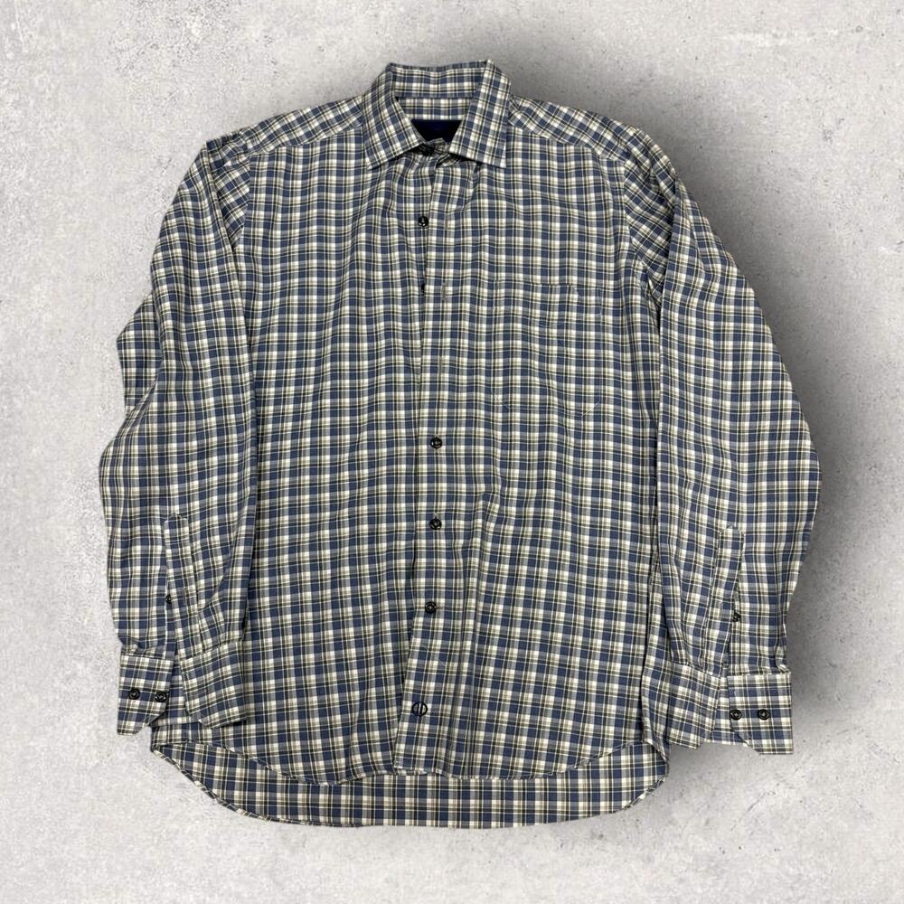 David Donahue Dress Shirt Mens Large Blue Check Twill Button Up Work Designer M